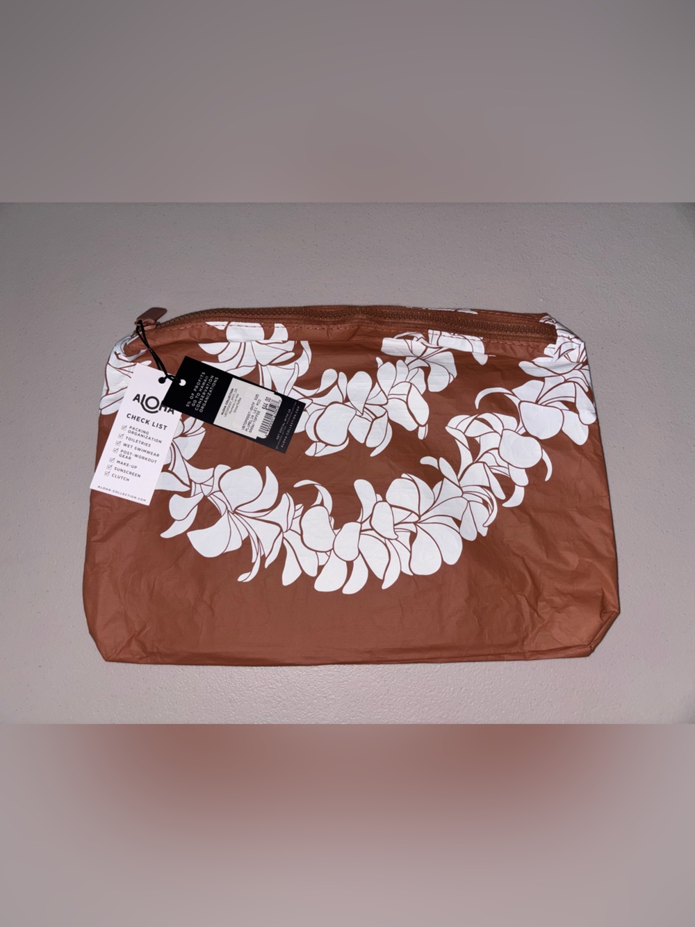 ALOHAS Brown Cosmetic Pouch with White Floral Print